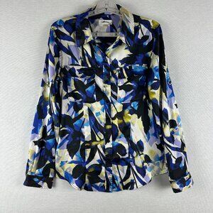 CALVIN KLEIN WOMEN'S ABSTRACT FLORAL PRINT BUTTON-DOWN LONG SLEEVE SHIRT SIZE M